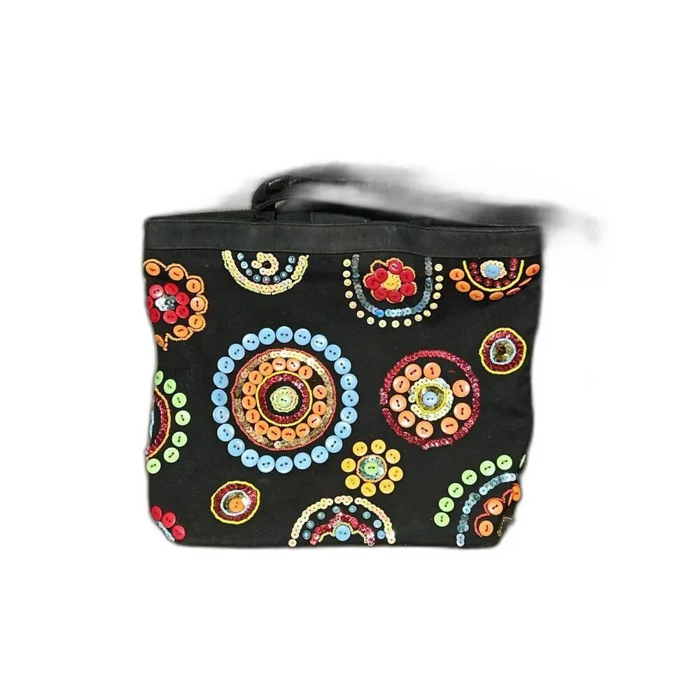 Black Tote Bag with Colorful Circle Buttons